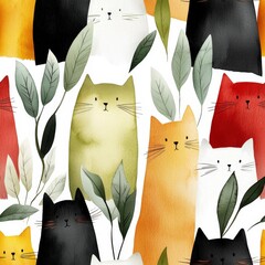 Poster - Colorful Cat Watercolor: A whimsical array of vibrant, stylized cats interspersed with delicate green foliage creates a cheerful, artistic pattern suitable for various design applications.