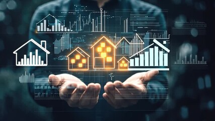 Poster - Hands Presenting Virtual Housing Market Data with Graphs and Icons Representing Home Sales and Real Estate Trends in Digital Environment