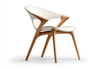 Poster - Artistic Seating: An elegantly crafted chair, showcasing a harmonious blend of natural wood and white upholstery, embodies modern design principles.