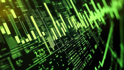 Poster - Abstract digital financial chart with green lines and data points representing market trends and analytics on a dark background for technology use