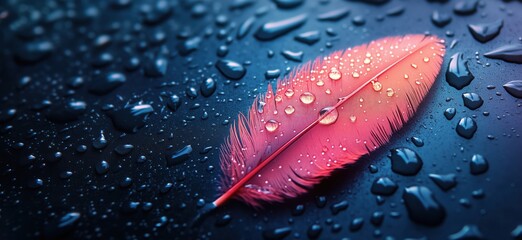 Poster - Pink feather with water droplets on dark surface creating a serene and artistic composition