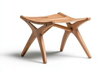 Poster - Elegant Wooden Stool: A striking close-up of a minimalist wooden stool, showcasing a natural wood texture and intricate design against an open background.