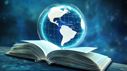 Poster - Open book with glowing globe above blue background representing knowledge, global education, and technology-driven learning in modern society