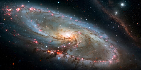 Wall Mural - spiral galaxy glowing at the center with pink and violet gas clouds.