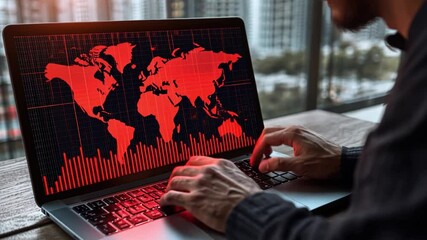Poster - Hands Typing on Laptop with World Map and Red Graphical Elements Displayed on Screen in Modern Office Setting