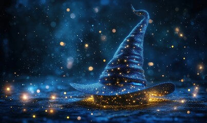Poster - Magical blue wizard hat glowing with stars and sparkles in dark background