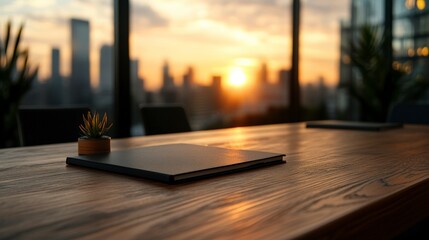 Poster - Business Meeting with a view: A meeting setting, featuring an open laptop and a potted succulent. Outside, the blurred cityscape is beautifully framed by a window.
