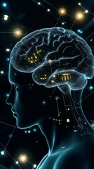 Poster - Neural data streams visualized in a futuristic representation of brain activity and neural implants