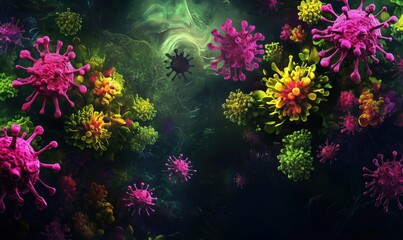 Poster - Colorful 3D representation of viruses in vibrant colors and intricate details