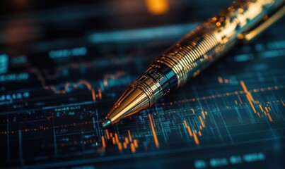Poster - Elegant gold pen resting on financial market data chart with glowing lines
