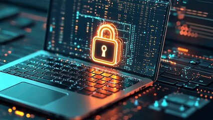 Poster - Secure data protection concept with glowing lock symbol on modern laptop screen amidst digital circuit background in technology environment