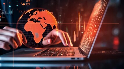 Poster - Modern Businessman Using Laptop with Interactive Global Map for Financial Analysis in Digital Financial Market Concept Illustration
