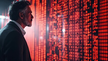 Poster - Businessman Analyzing Data Metrics on Wall with Red Digital Display of Binary Code in Modern Office Environment