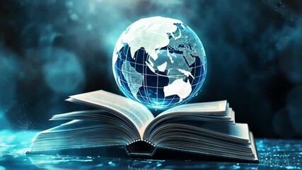 Poster - Magic Book with Glowing Earth and Digital Data Surrounding Open Pages Creating an Enchanting Knowledge and Learning Scene