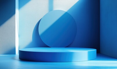 Poster - Minimalist blue display platform with circular backdrop in modern interior design