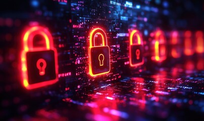 Fototapete - Digital security concept with glowing red padlocks on data background