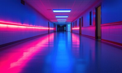 Poster - Vibrant Neon-Lit Hospital Corridor with Reflections and Modern Design Elements