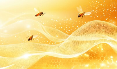 Poster - Bees flying over golden honeycomb background with flowing waves and sparkles