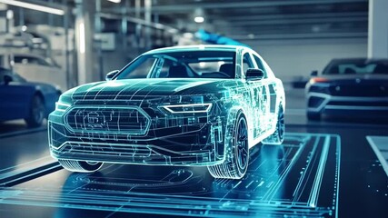 Poster - Futuristic Car Design Concept Featuring Transparent Body and Digital Components in High-Tech Environment with Data Visualizations and Engineering Elements
