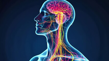 Poster - Human Anatomy Illustration with Luminous Neural Pathways and Brain Structure Highlighted in a Creative Artistic Design