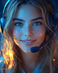 Poster - friendly customer service representative assisting client via digital interface