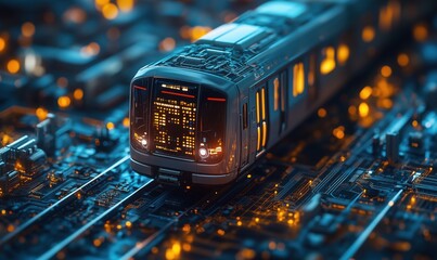 Poster - Futuristic subway train on digital circuit board with glowing lights and technology