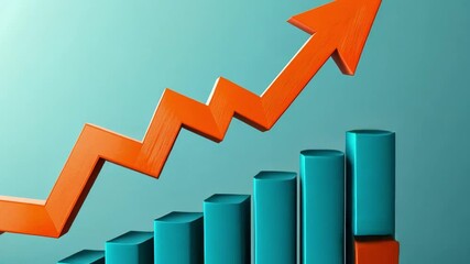 Poster - Orange Bar Graph with Upward Arrow on Blue Background Illustrating Growth and Progress in Business Metrics and Financial Success Visuals
