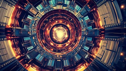 Poster - Vibrant futuristic tunnel with glowing lights and intricate metallic structures showcasing advanced technology