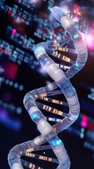 Poster - Futuristic digital representation of genomic research with DNA and technology visualizations