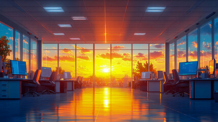 Poster - Open Office space at sunset, workplace environment, design for work, postermotivational background