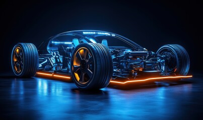 Poster - Futuristic car chassis with neon lighting and advanced technology features