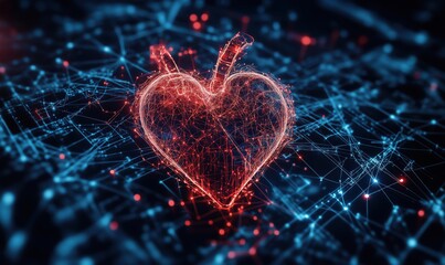 Poster - digital heart shape made of glowing lines and nodes representing love and technology