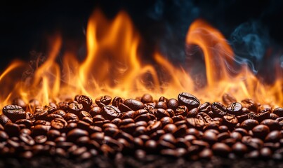 Poster - Roasting coffee beans with flames creating a dramatic and aromatic scene