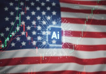 Ai technology and stock market trends in the usa with american flag background and data analysis graph