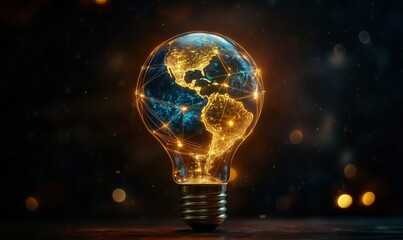 Poster - Glowing light bulb with illuminated world map showcasing global connectivity and networks