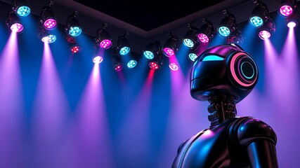 Poster - Futuristic robot model stands under vibrant stage lights in an illuminated performance space