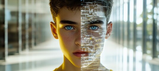 Poster - The face of a young man, a fictitious character made by Stock, showcases a futuristic interface and human brain upgrades equipped with cutting-edge hi-tech implants