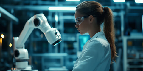 Poster - Female industrial engineer working with factory robotic systems