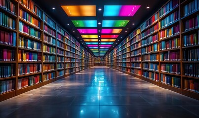 Poster - Colorful modern library interior with vibrant ceiling lights and organized bookshelves