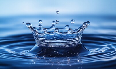 Poster - Water splash crown formation with droplets in blue background