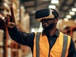 © Mark - A person in virtual reality glasses navigates a warehouse, utilizing online tools for checklists, inventory management, and scheduling, demonstrating the integration of technology in logistics and