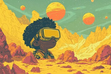 Poster - A stock image shows a boy wearing a VR headset, lost in a vibrant and surreal world of virtual reality, surrounded by endless fields of bright and colorful flowers that seem almost real