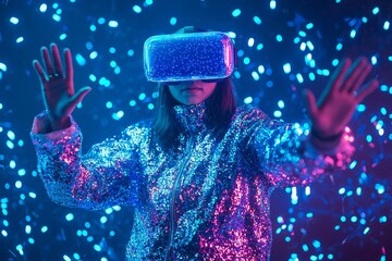 Poster - A man using a VR headset is immersed in a surreal world of virtual reality, surrounded by vibrant fields of colorful flowers, as seen in stock images