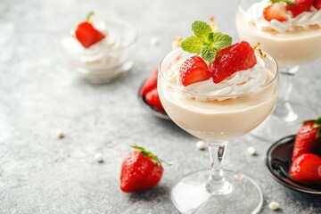 Aufkleber - Delicious dessert with whipped cream and fresh strawberries served in elegant glassware at a stylish dining table