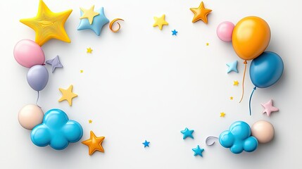 Poster - A playful cartoon border featuring colorful stars, clouds, and balloons, perfect for framing a fun children's party invitation or creative design.