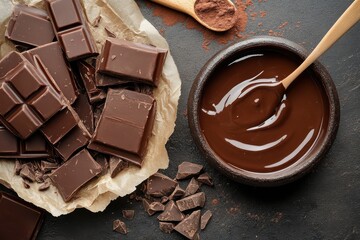 Poster - Rich dark chocolate preparation with bars, cocoa powder, and melted chocolate on display in a kitchen setting
