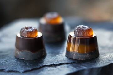 Aufkleber - Artfully crafted sweets on a dark stone surface showcase gourmet chocolate and fruit flavors in an elegant presentation