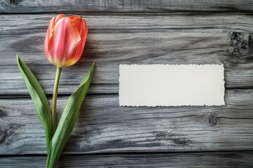 Fototapete - Elegant tulip on wooden surface with blank card for personal notes or invitations in a serene setting