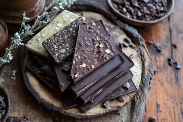 Aufkleber - Delicious variety of artisanal chocolate arranged on a rustic wooden platter with chocolate nibs scattered decoratively