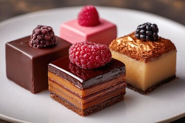 Poster - Synchronized layers of assorted desserts with fresh berries arranged on a plate at a restaurant